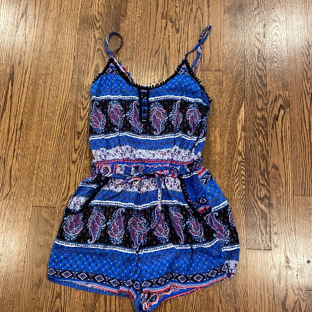 Toxik3 shorts romper blue bandana pattern spaghetti straps size small